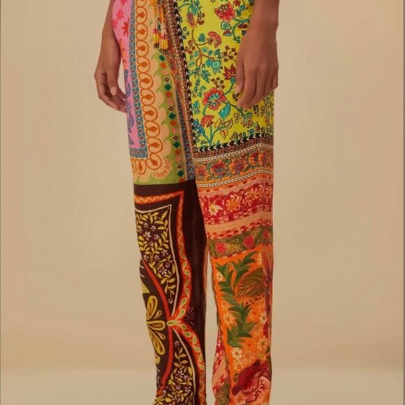 $165 FARM RIO Multicolor Mixed Scarves Lenzo Ecovero Viscose PANTS Size M - Picture 3 of 4